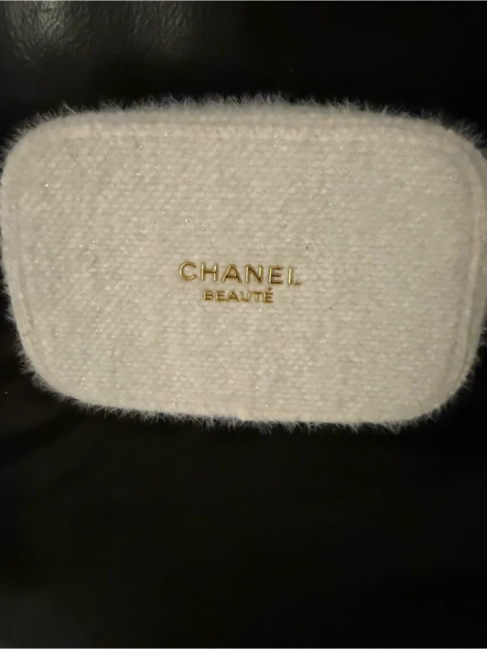 CHANEL White Tweed Beauty Pouch with Gold Logo